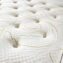 Close-up of hand-tied tufts and gold swirl thread on the Ernest mattress knitted cover