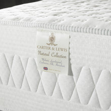 Lay-Cell mattress side panel with Natural Collection label and diamond-quilted border, handmade in Yorkshire