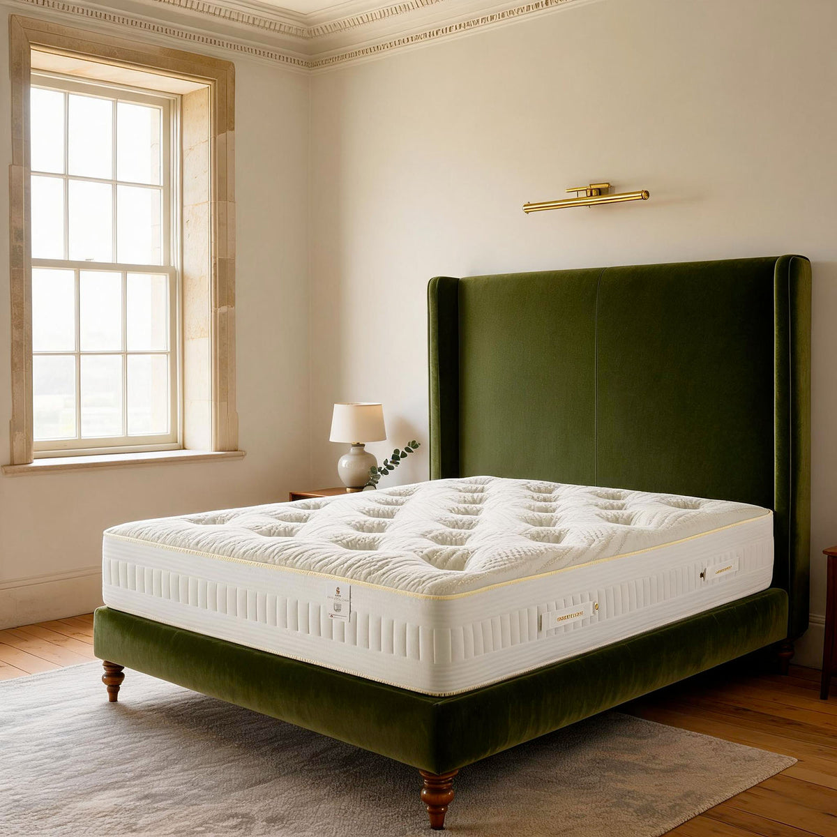 Carter & Lewis Cashmere hand-tufted mattress on a tall green velvet headboard bed in a period British bedroom