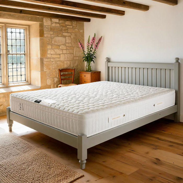 Carter & Lewis Clayton pocket sprung mattress on a grey painted Shaker bed in a Cotswold cottage bedroom
