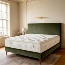 Carter & Lewis Diamond pocket sprung mattress on a sage green velvet bed in a Georgian bedroom