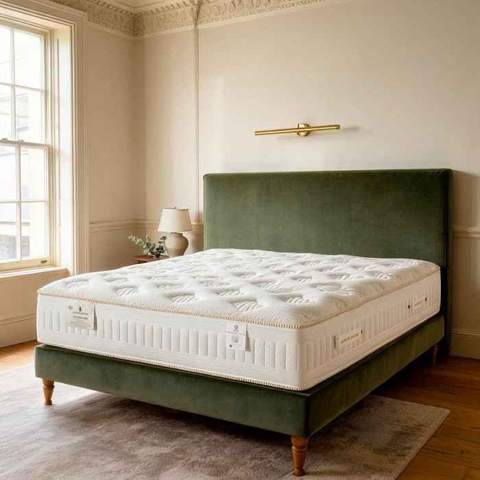 Carter & Lewis Diamond pocket sprung mattress on a sage green velvet bed in a Georgian bedroom