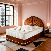 Carter & Lewis Ernest hand-tufted pocket sprung mattress on an Art Deco fan headboard bed in a pink bedroom