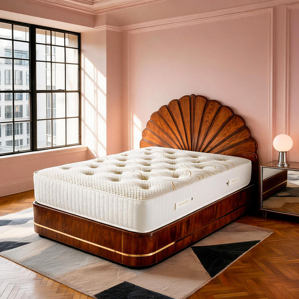 Carter & Lewis Ernest hand-tufted pocket sprung mattress on an Art Deco fan headboard bed in a pink bedroom