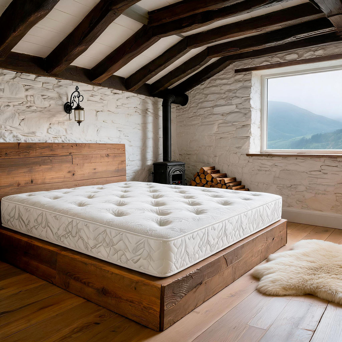 Carter & Lewis Forrest hand-tufted open coil mattress on a reclaimed oak bed in a beamed stone lodge bedroom