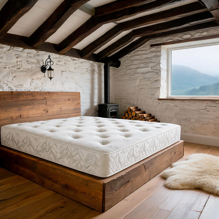 Carter & Lewis Forrest hand-tufted open coil mattress on a reclaimed oak bed in a beamed stone lodge bedroom