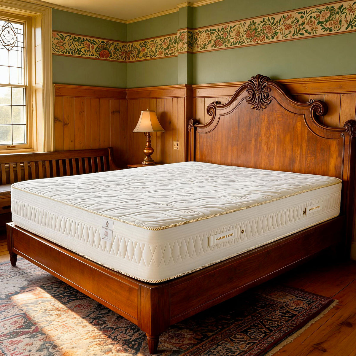 Carter & Lewis Gravity Cell 1500 pocket spring mattress on a carved wooden bed in an Arts and Crafts bedroom