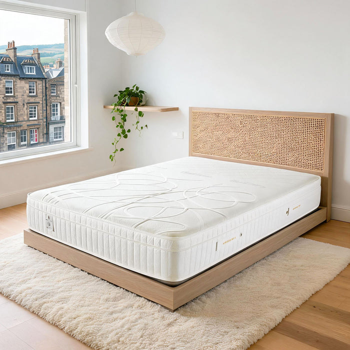 Carter & Lewis HyCare Comfort pocket sprung mattress on an ash and cane bed in a bright modern UK bedroom