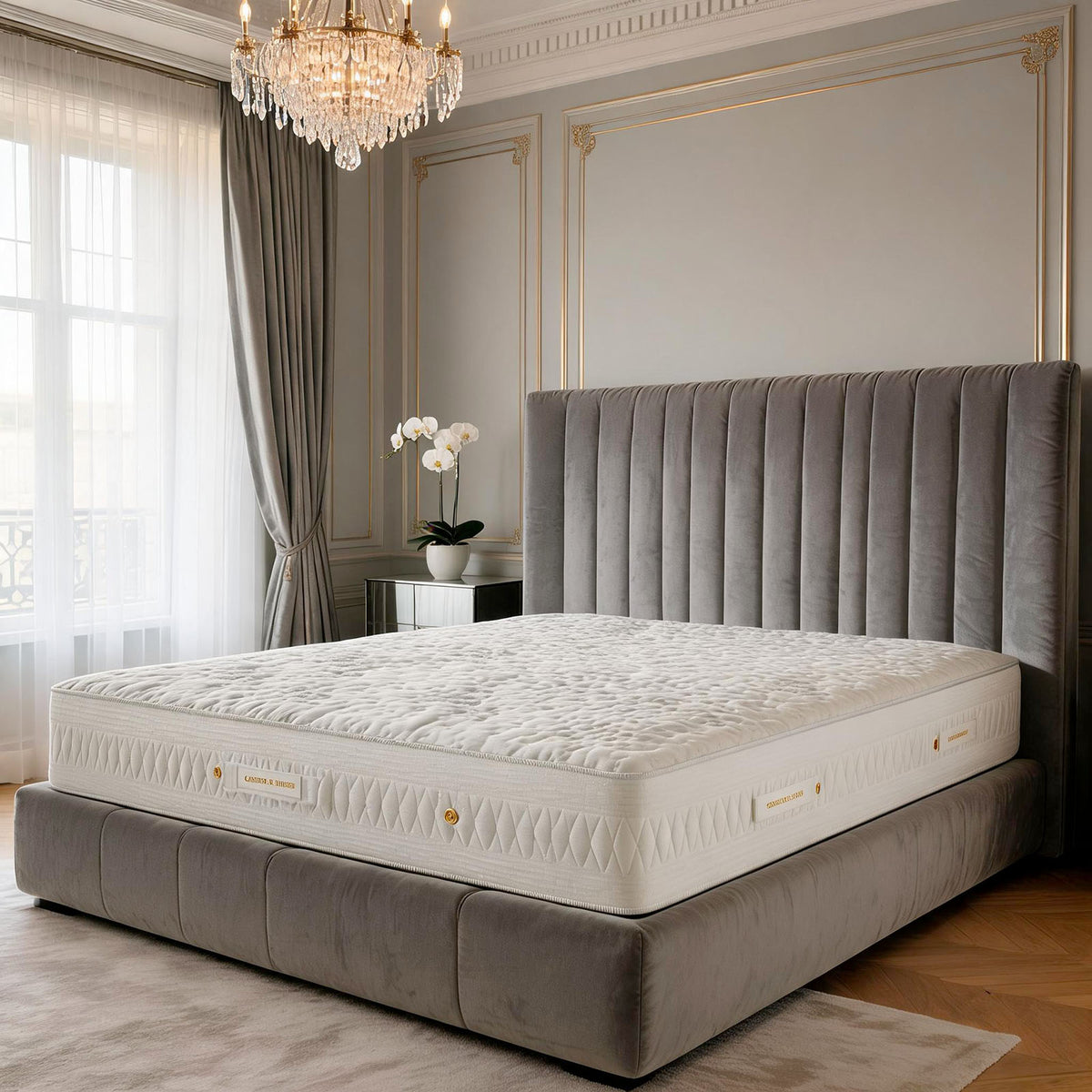 Carter & Lewis Lay-Cell luxury natural mattress on a grey channel-tufted velvet bed in an elegant London bedroom