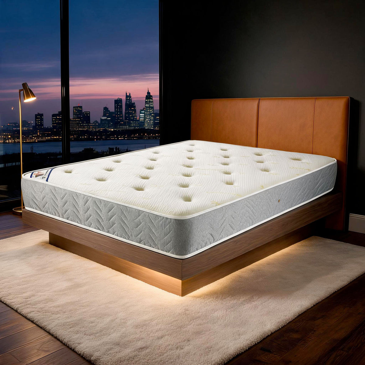 Carter & Lewis Memory Ortho mattress with grey border on a tan leather bed in a London apartment at dusk