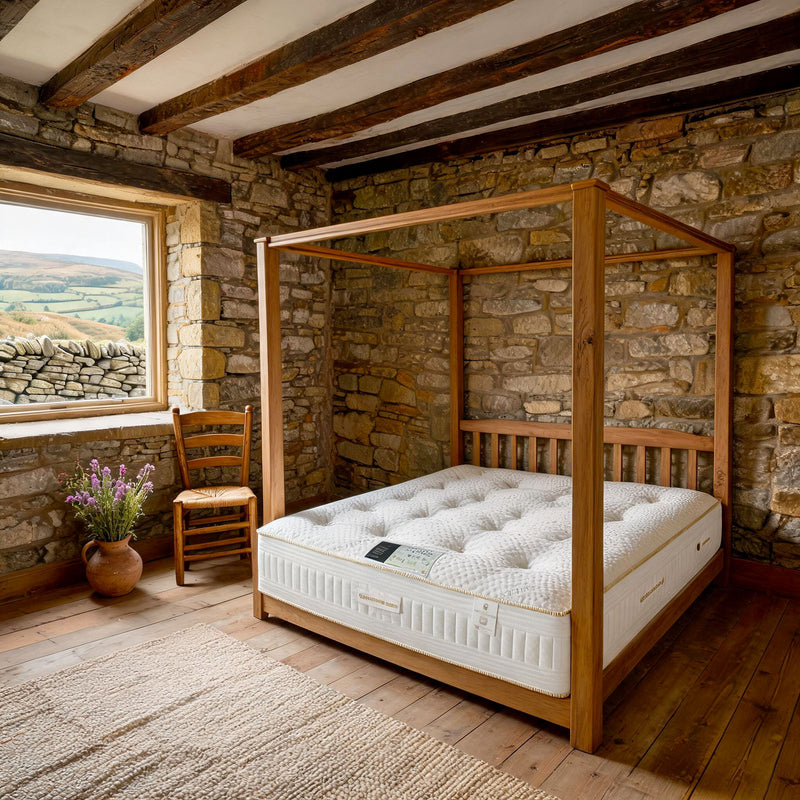 Carter & Lewis Natural Comfort hand-tufted mattress on an oak four-poster bed in a Yorkshire stone cottage