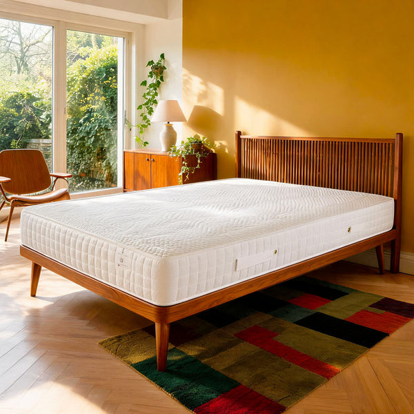 Carter & Lewis Percy orthopaedic mattress on a mid-century teak bed in a bright garden-view bedroom