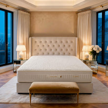 Carter & Lewis Savoy pocket sprung mattress on a buttoned ivory headboard bed in a hotel-style UK bedroom