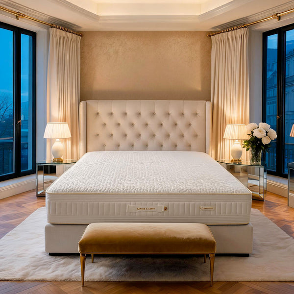 Carter & Lewis Savoy pocket sprung mattress on a buttoned ivory headboard bed in a hotel-style UK bedroom