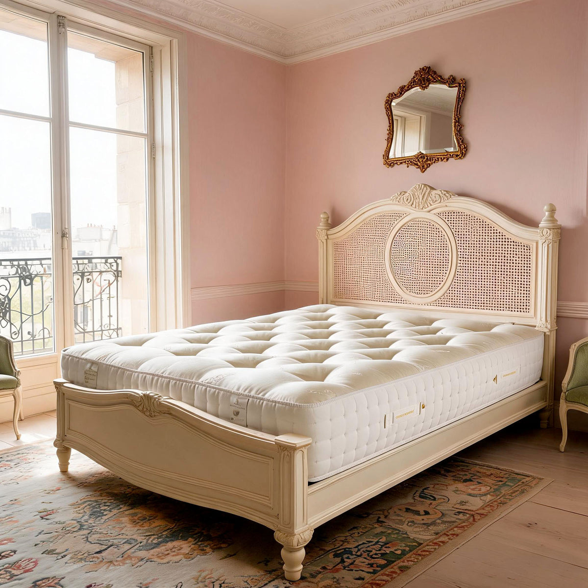 Carter & Lewis Sleep Adaptive hand-tufted mattress on a cream carved cane bed in a pink Regency bedroom